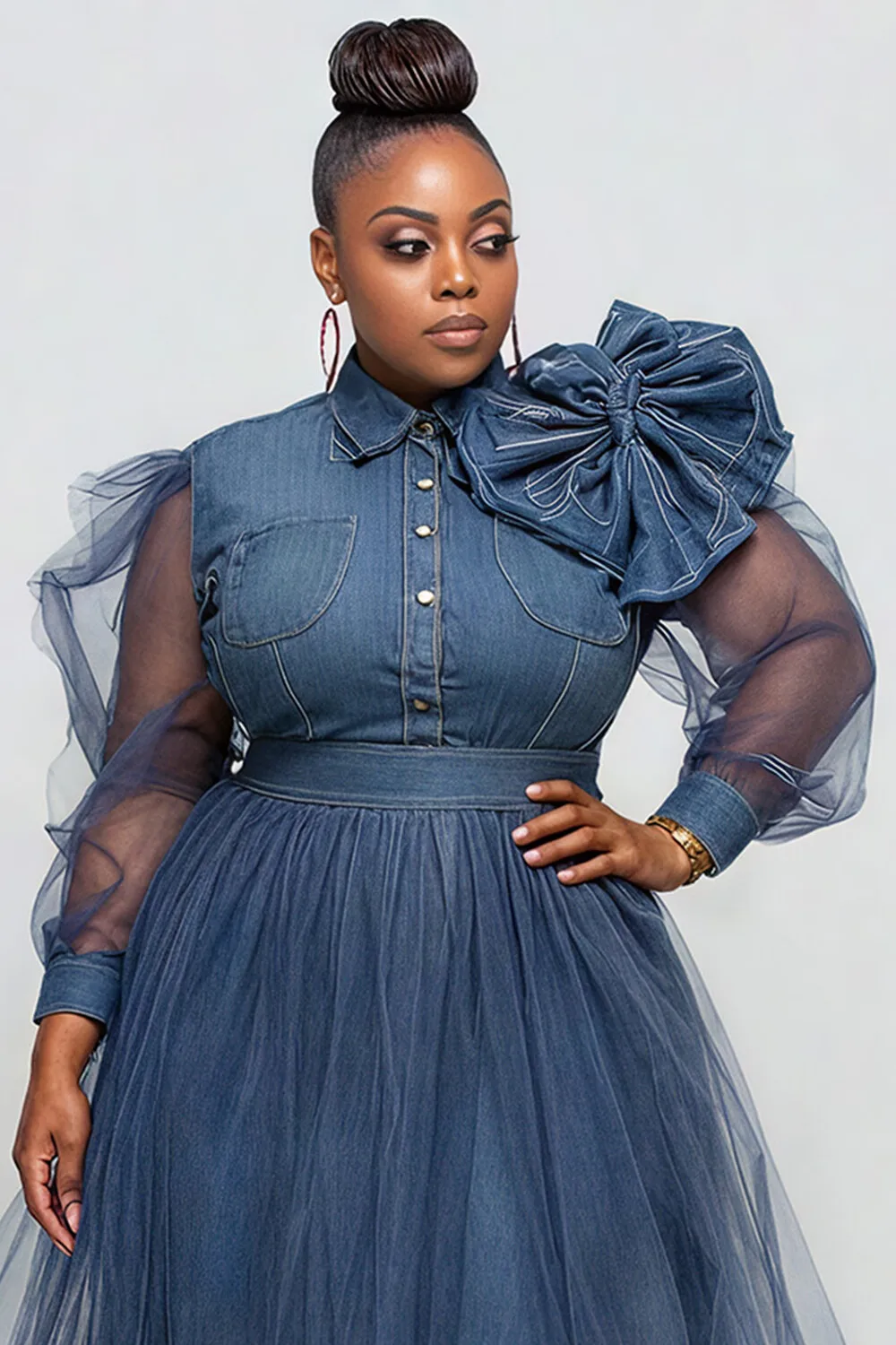 بالإضافة إلى حجم شبه رسمي تول الأزرق قميص طوق كم طويل 3D أنيقة انظر من خلال فساتين الدنيم متوسطة الطول #2