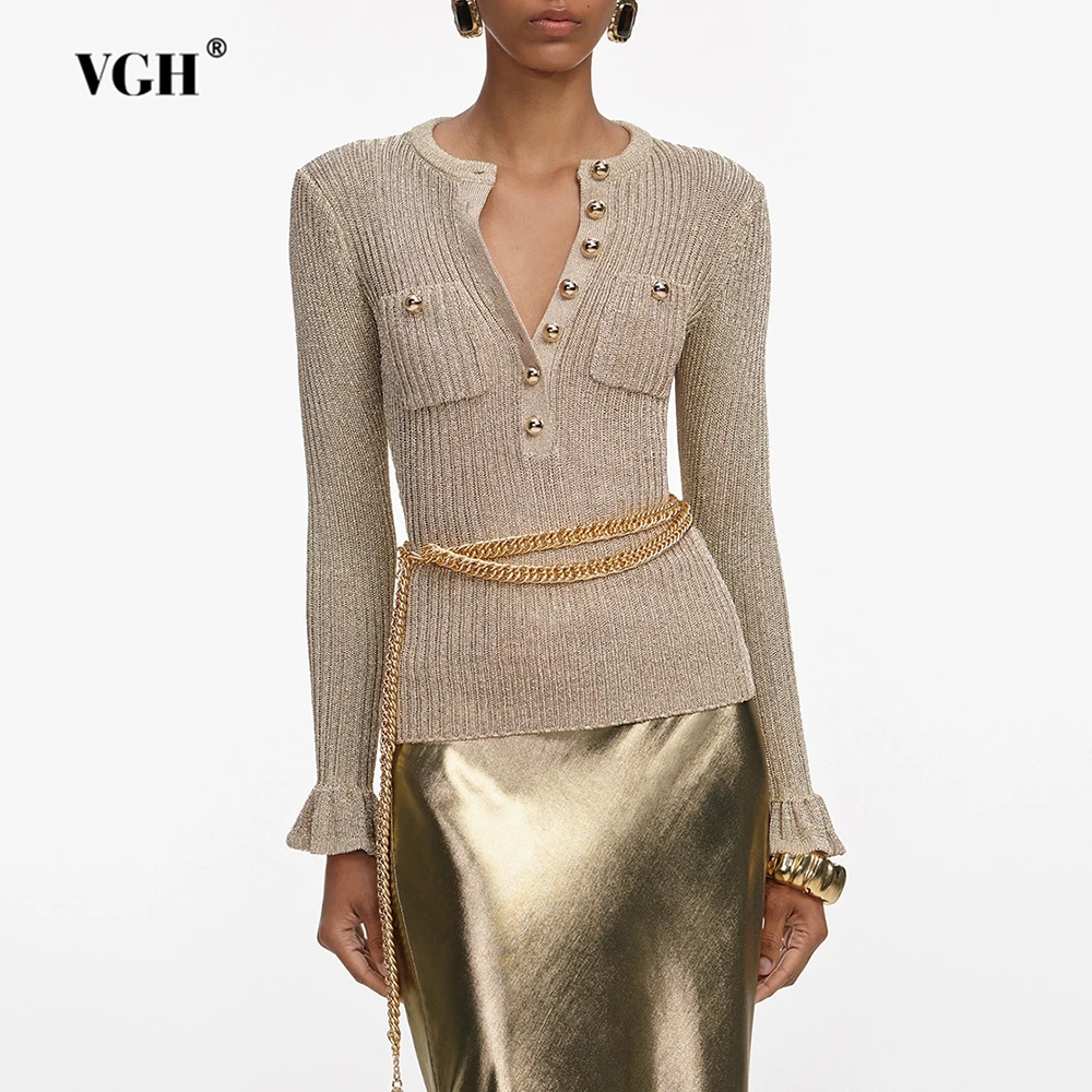 

VGH Solid Slimming Warm Knitted Sweaters For Women Round Neck Long Sleeve Spliced Button Autumn Casual Sweater Female Fashion