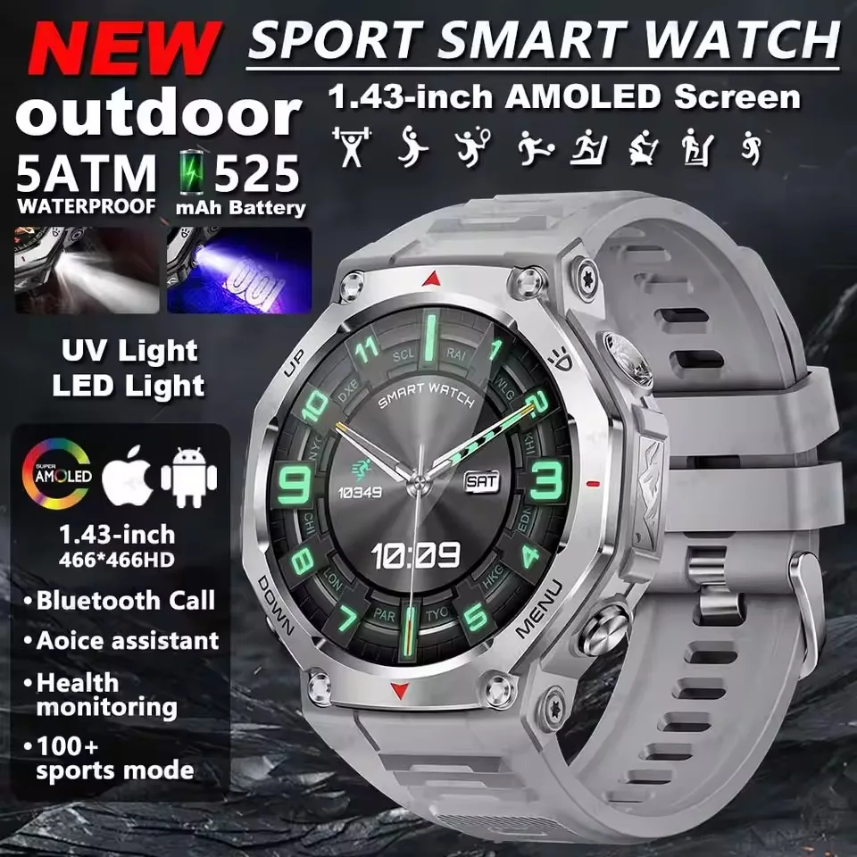 

Smart Watch GPS Sports Fitness Tracker 1.43 Inch AMOLED Smart Bracelet KT85 BT Call Flashlight Waterproof 5ATM Smartwatch Dafit