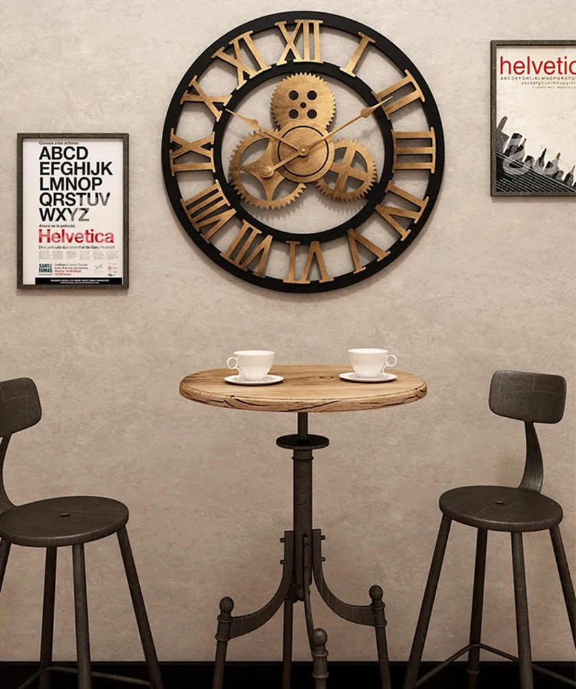 クリエイティブレトロヴィンテージ木製ギア時計、リビングルーム、バー、コーヒーショップ用の装飾時計35CM