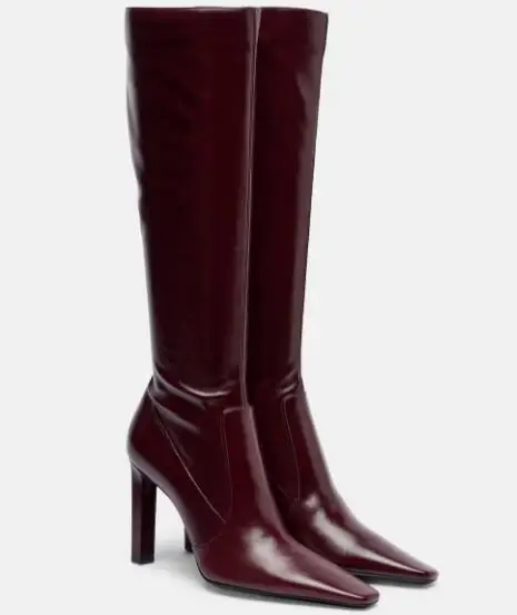 

Wine Red Black Brown Solid Leather Small Square Toe 6 8 CM High Heel Knee High Boots Women Slim Tube Slip On Modern Long Boots