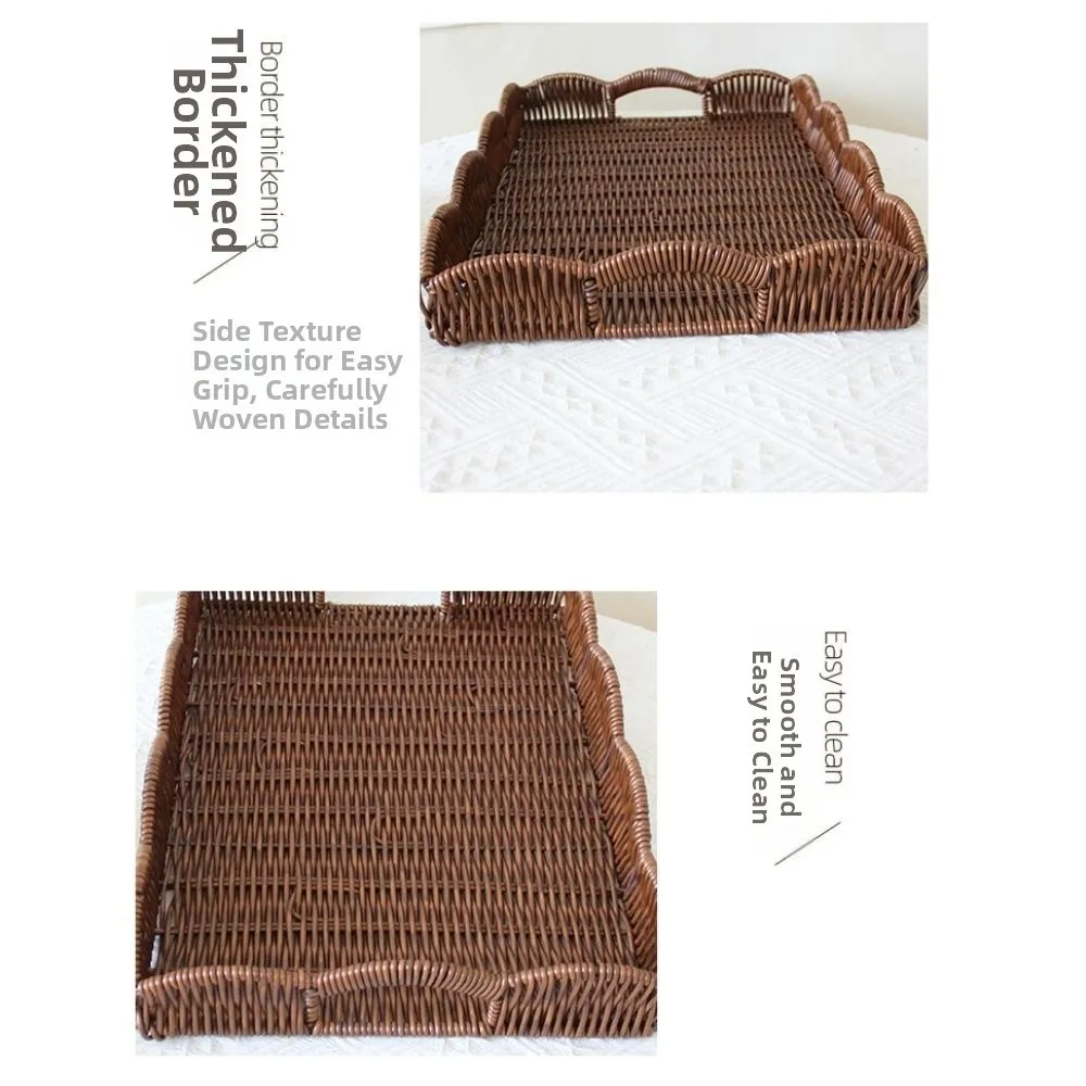 Imitation Rattan Woven Storage Tray Large Capacity Rectangular Food Serving Tray Rustic Style Multipurpose Snacks Fruit Basket