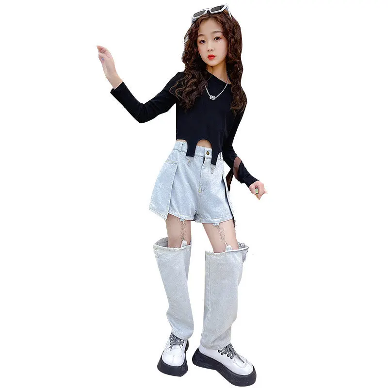 Kids Girl Hip Hop Clothing Sets Long Sleeves Crop Tops Jeans Pants with Chain New Fashion Clothes Streetwear Dance Stage Costume