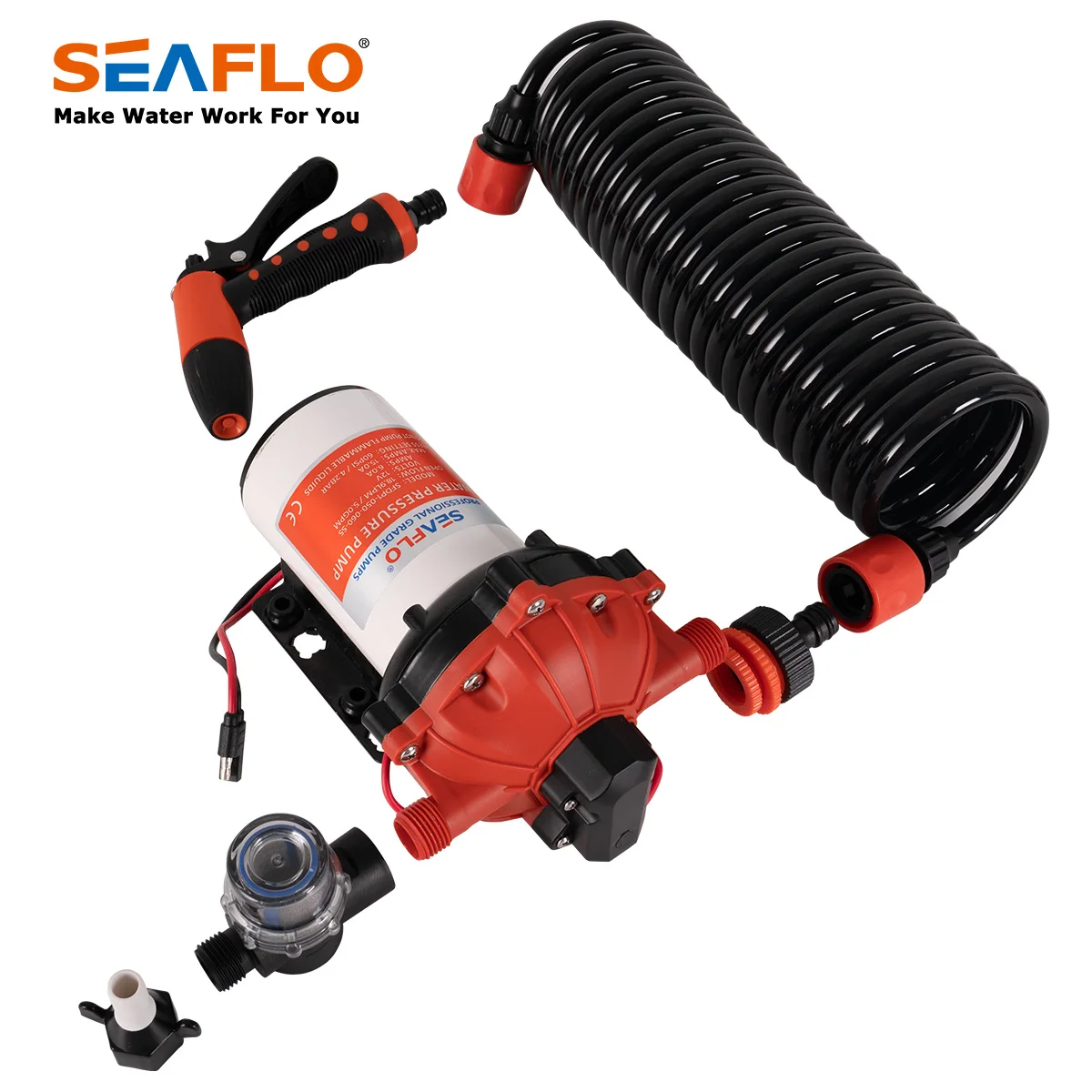 SEAFLO-bomba de agua de diafragma serie 55, Kit de lavado resistente 5.0GPM 60PSI 12V con manguera en espiral de 6,5 m a bordo