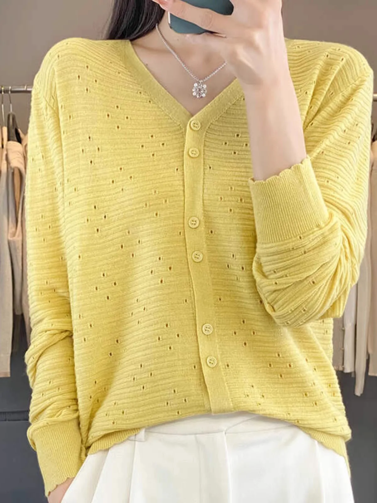 

Новинка 2024, вязаный открытый кардиган, женский длинный топ све V-Ne, ажурный модный свободный повседневный модный верхний костюм