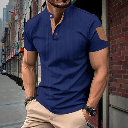 Imagen 2 del producto Camiseta de manga corta a la moda de verano para hombre, camisa Henley informal de negocios para hombre, top transpirable de color sólido con cuello levantado