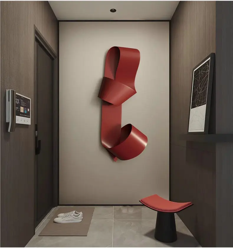 Light luxury Chinese red metal wall decoration, living room ribbon shaped wall hanging, iron art decorative sculpture ZY560TP