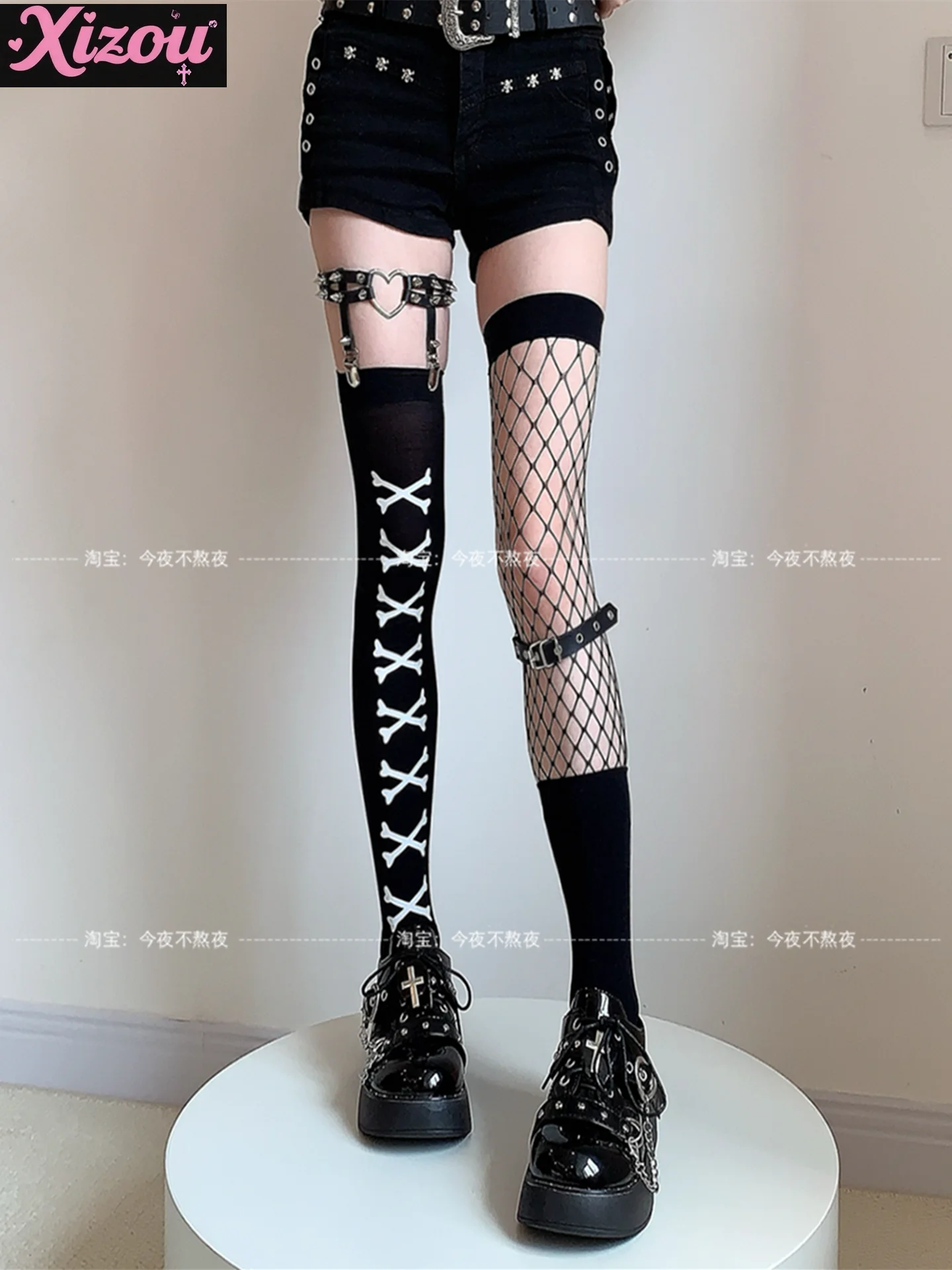 Original high socks personality love legs ring bones Spice girl subculture y2k black silk jk knee socks women