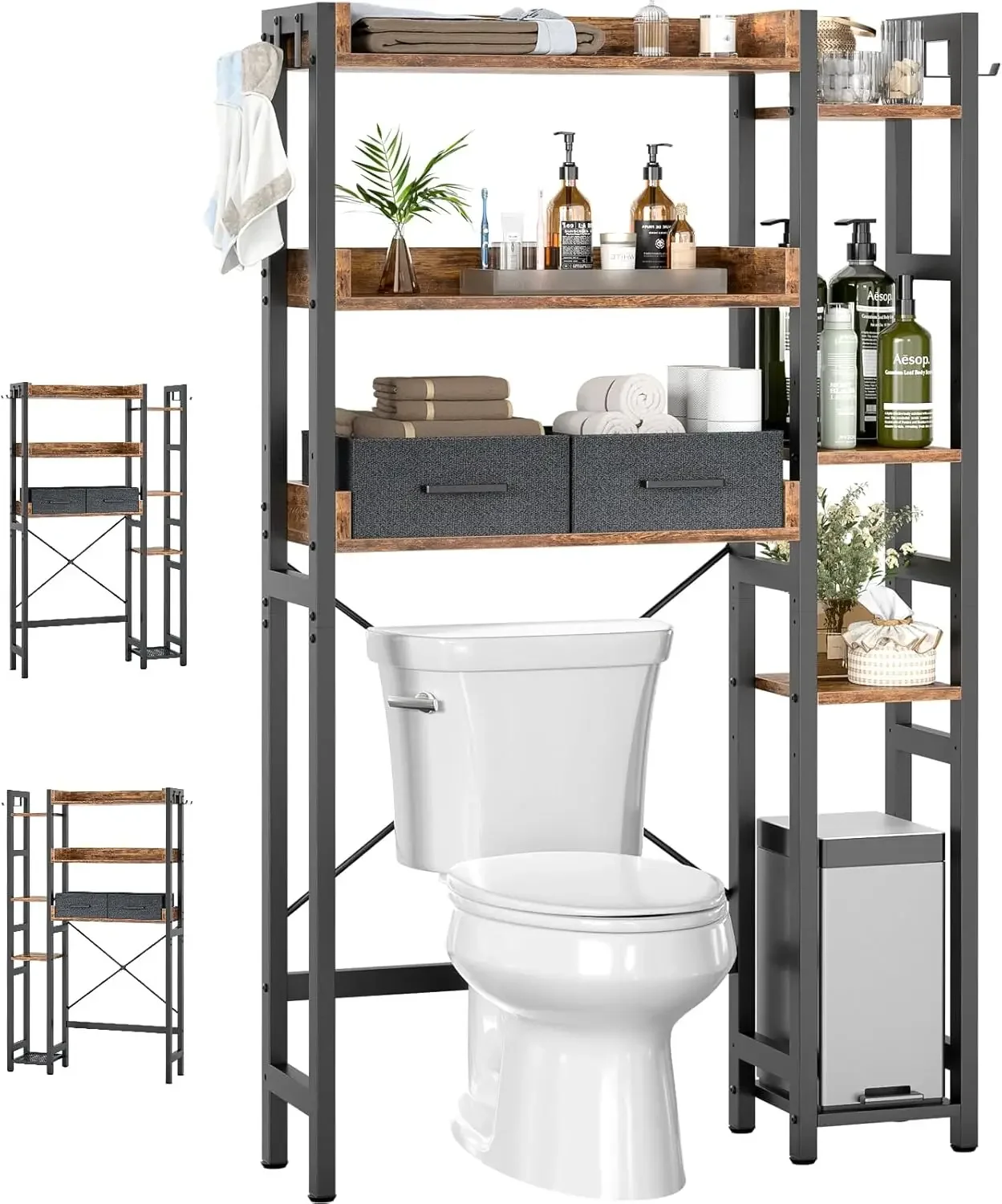 

7 Tier Bathroom Organizer with Adjustable Shelf, Freestanding Space Saver Storage Rack Above Toilet Stand with 4 Hooks for,