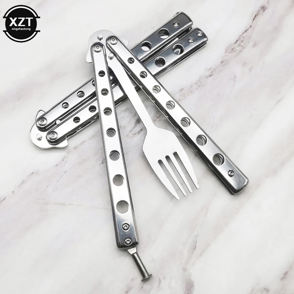 Butterfly Knife Stainless Steel Folding Spoon Fork Knife Balisong Training Portable Coach Outdoor Camping Tableware Kitchen