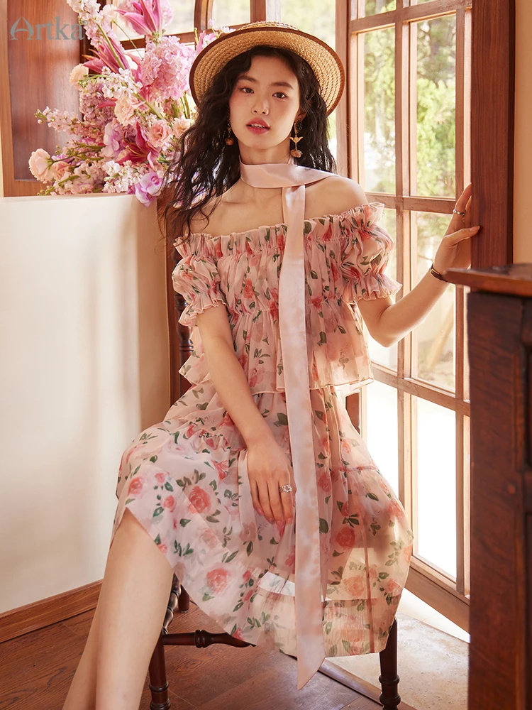 ARTKA 2023 Spring New Women Blouse Elegant Floral Prints Slash Neck Short Shirts Two-piece Set A-Line Organza Skirts TZ92032X