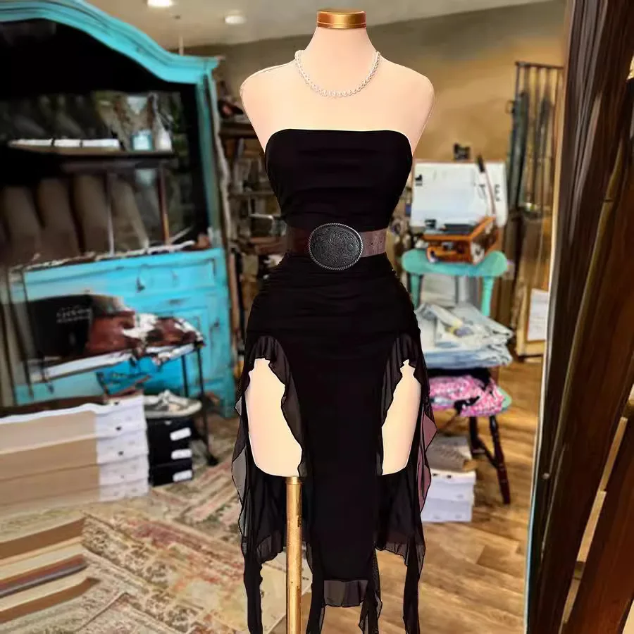 Tubo sem alças vestido longo verão feminino sexy sem mangas sem costas irregular em camadas babados borlas saia moda vestidos finos