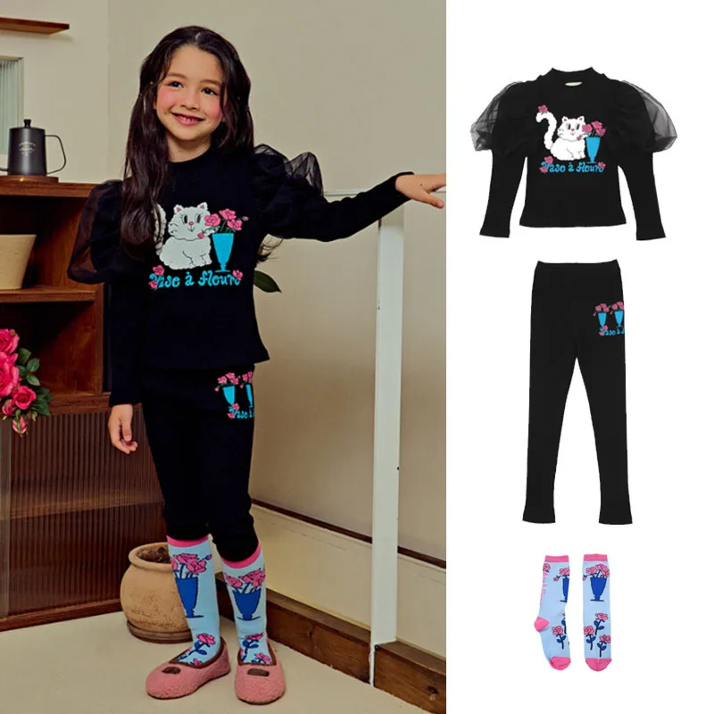 

BE23 Fall/Winter Girls Cotton Long Sleeve T-Shirt Leggings Set Cute Cat Princess Puff Sleeve Underwear bebebebe