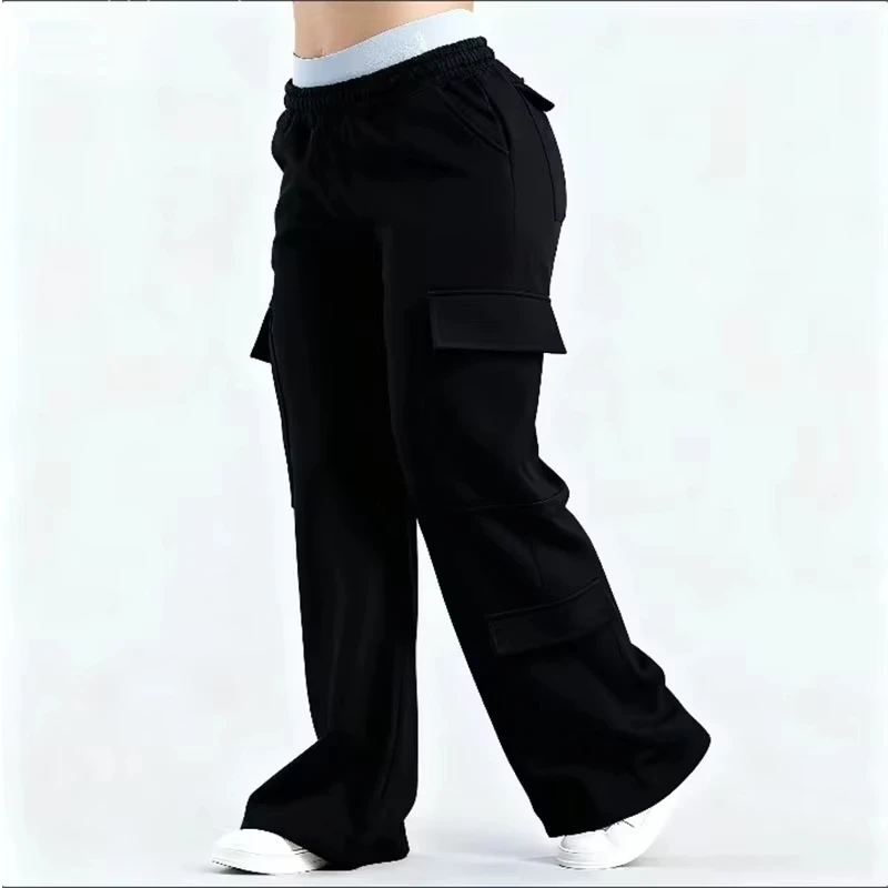 No Logo Men's American Style Casual Pants with Multiple Pockets Low Waist Belted Women's Straight Leg Wide Leg Work Pants