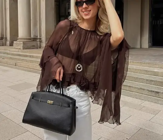 Summer New Women's T-Shirt Sexy Perspective Round Neck Ruffle Sleeves, Gentle Style Loose and Versatile Chiffon Top