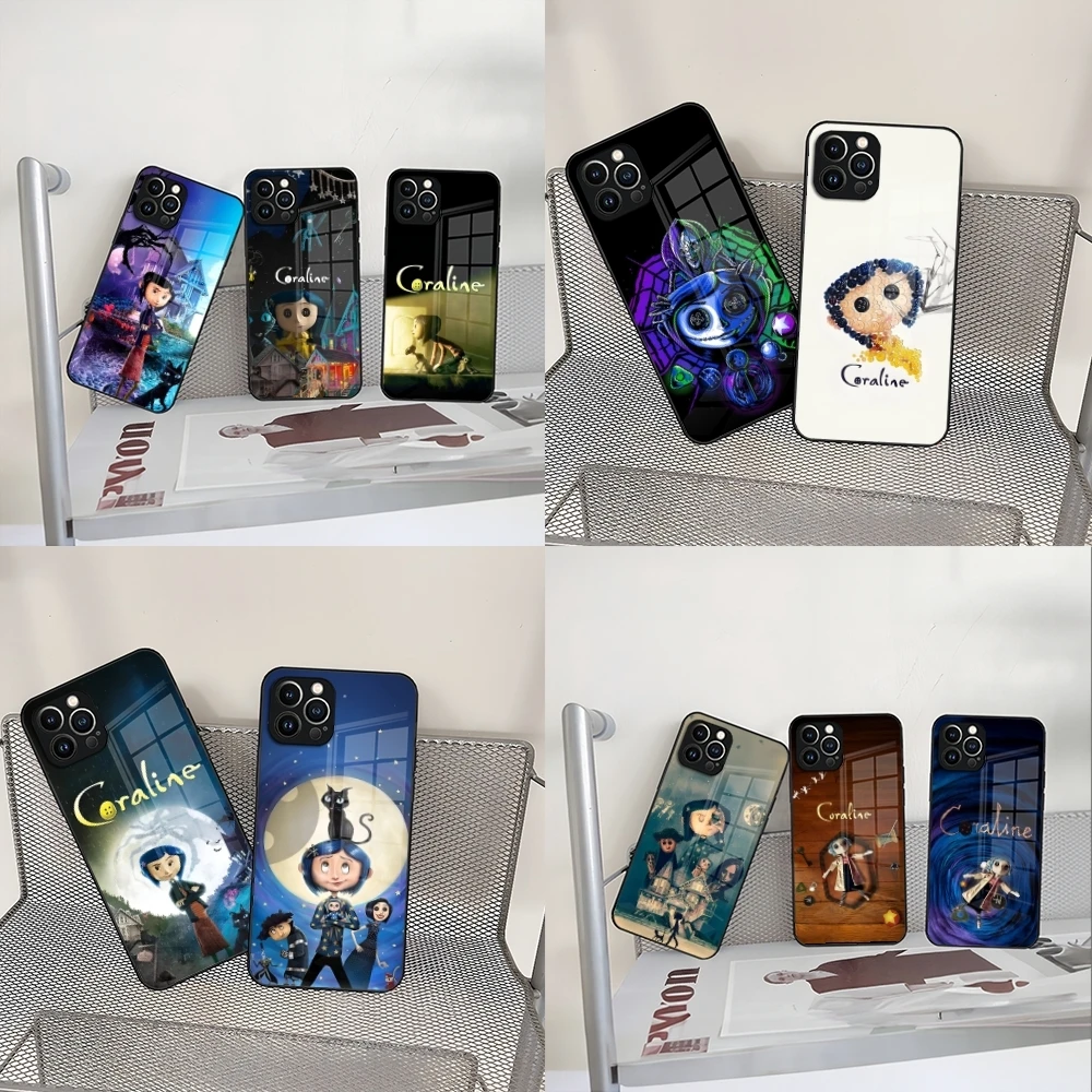 Anime C- Coraline Phone Case For Iphone 16 15 14 12 11 13 Pro Max Mini X Xr Xs Se 8 Puls Glass