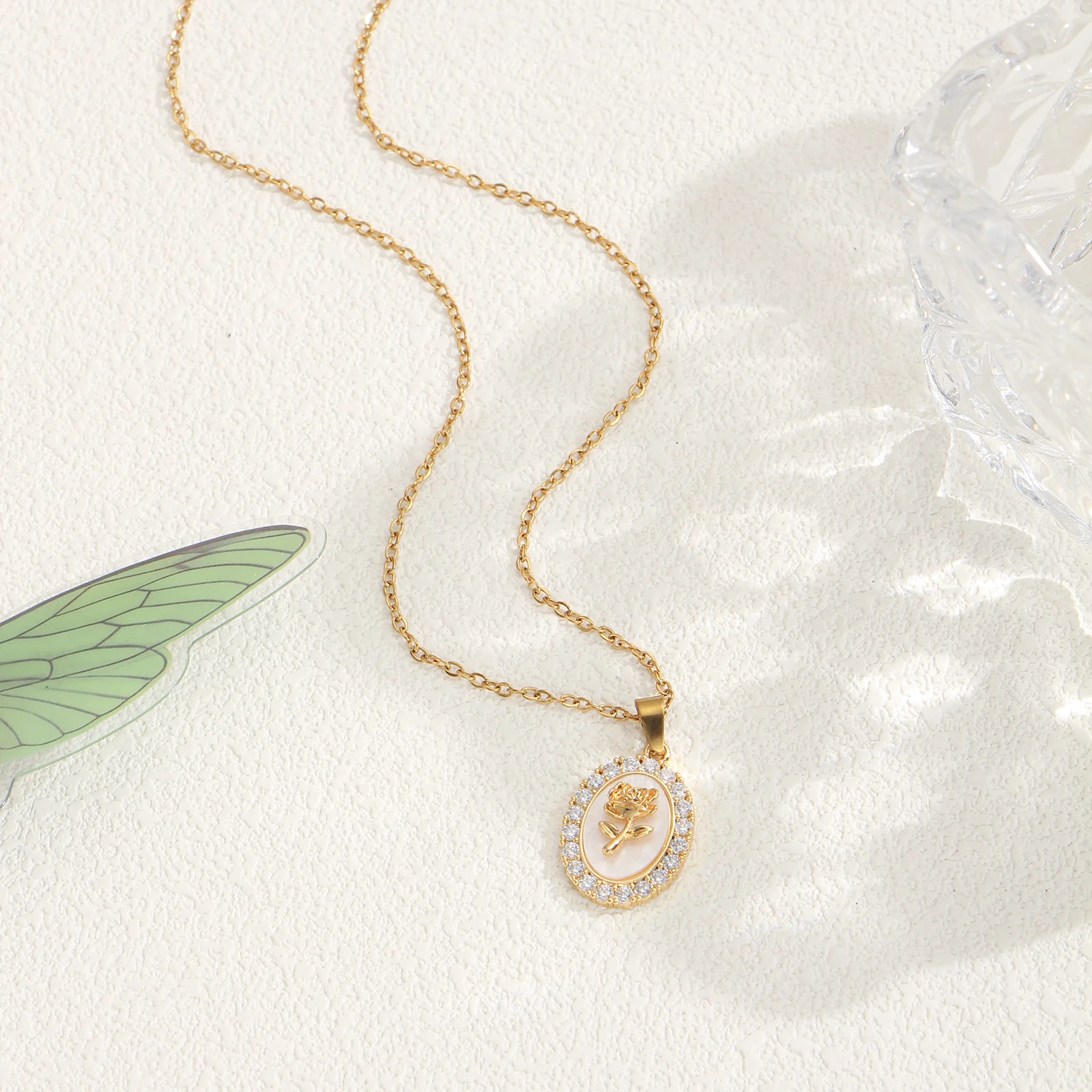 

Golden Oval Rose Pendant Necklace White Shell Inlay With Cubic Zirconia Border Vintage Jewelry Gift For Women