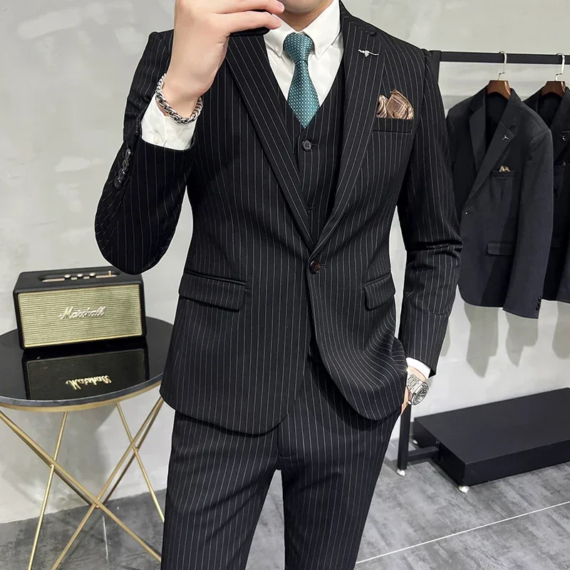 ( Blazer+Vest+Pants ) Brand Striped Men's Casual Business Suit 3Pcs Set Groom's Wedding Slim Suit Male Jacket Waistcoat Trousers