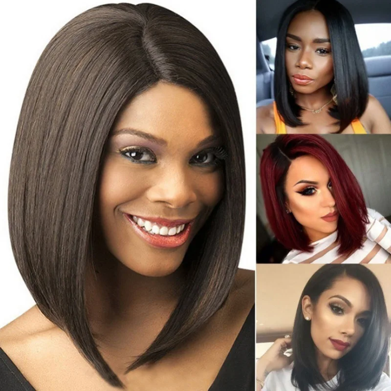 

Wig Middle Parting Fashionable Bob Black Short Straight Hair Bobo Hairstyle High-temperature Silk Hair Cap Short Hair