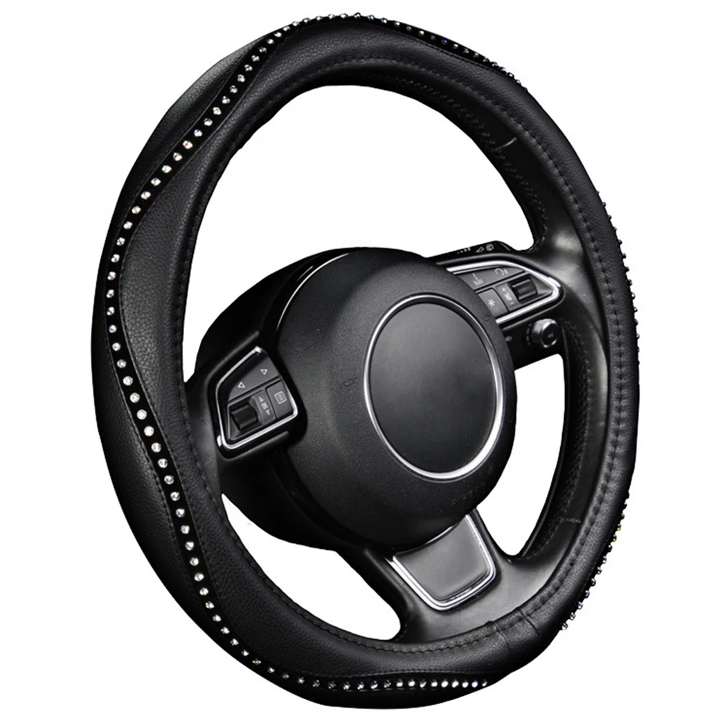 Fashion Steering Wheel Cover Black Lychee Pattern with Luxury Crystal Rhinestone M Size Fits