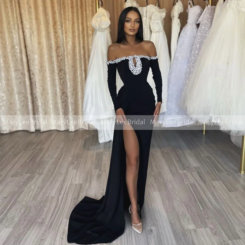 

Black High Side Split Evening Dresses with Keyhole Pearls Off Shoulder Long Sleeves Formal Prom Gowns Sweep Train robe de soirée