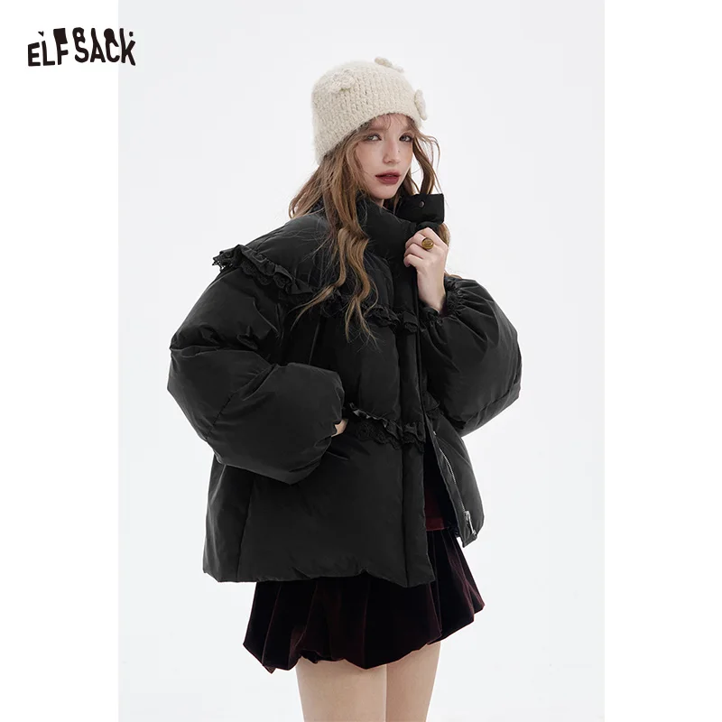 

ELFSACK 2025 Winter New Arrivals Y2K Solid Ruffle Strand Collar Puffer Down Jacket For Women