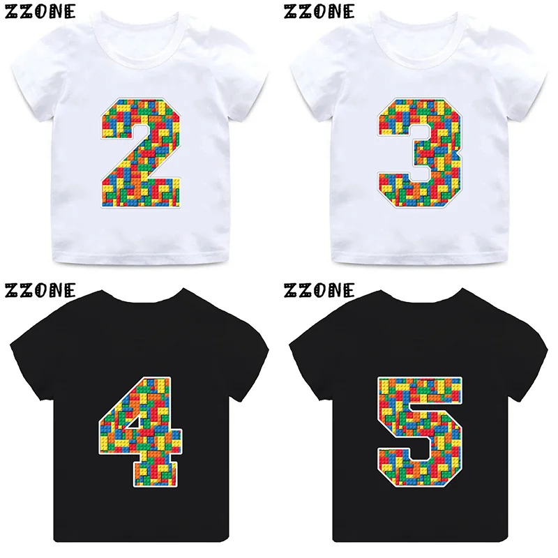 Building Blocks Bricks Number Bow Print Cartoon Boys Clothes 1 2 3 4 5 6 7 8 9 Years Birthday Kids T shirt Baby Girls T-Shirts