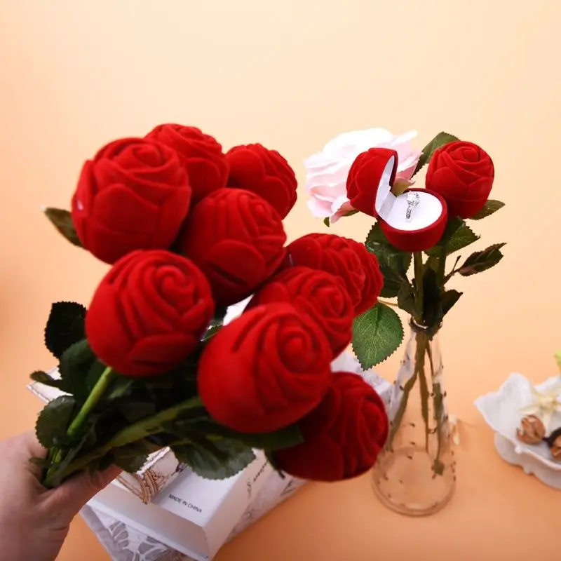 Red Rose Flocked Jewelry Box Creative Proposal Ring Storage Box Romantic Engagement Ring Case Gift Box for Valentine's Day image 2