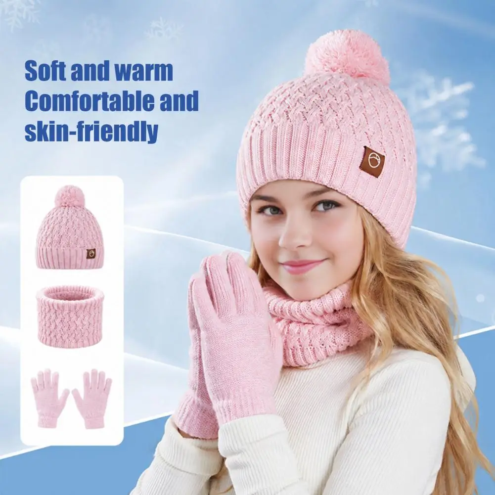 Kids Thermal Knit Beanies Neck Warmer Mittens Kids Winter Hat Scarf Gloves Set Fleece Lined Beanies Neck for Boys for Children