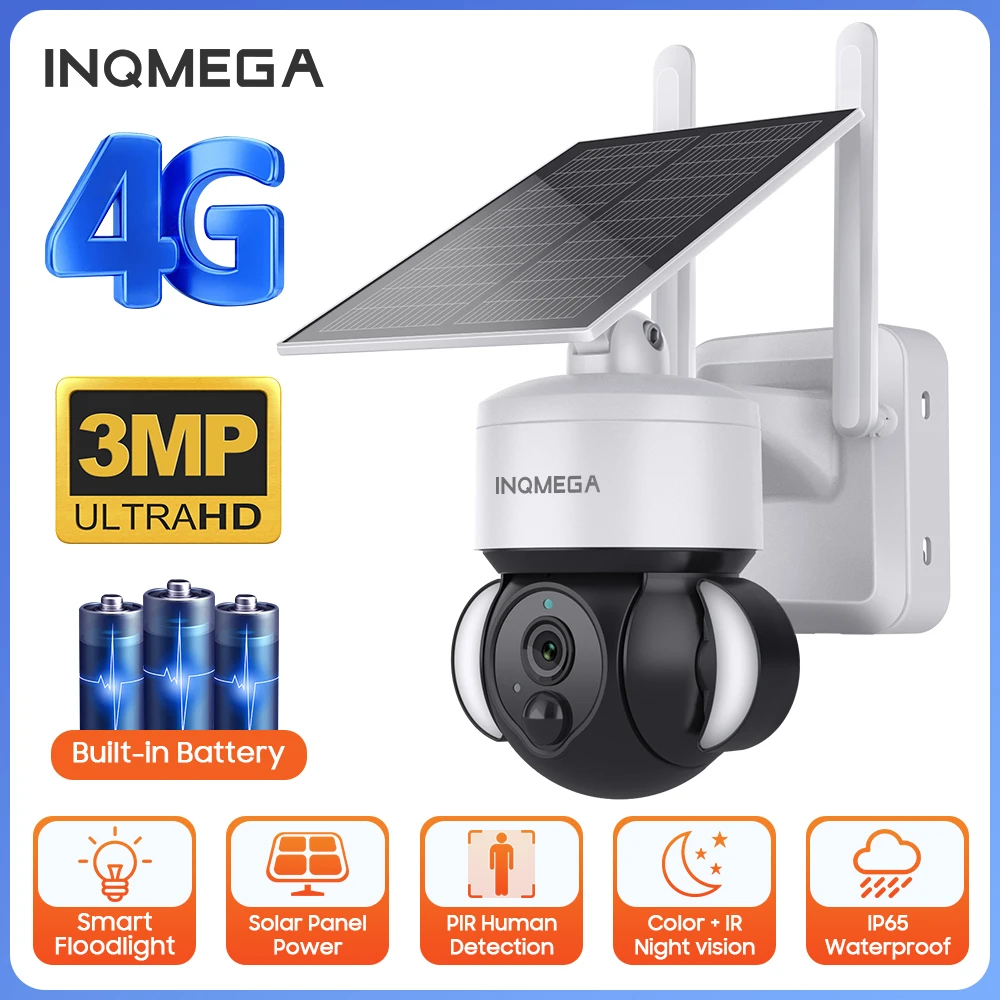 INQMEGA 4G SIM Solar Battery Powered Camera 3MP Night Vision Wireless Solar Panel Security Camera PIR Monitor CCTV Video Cameras