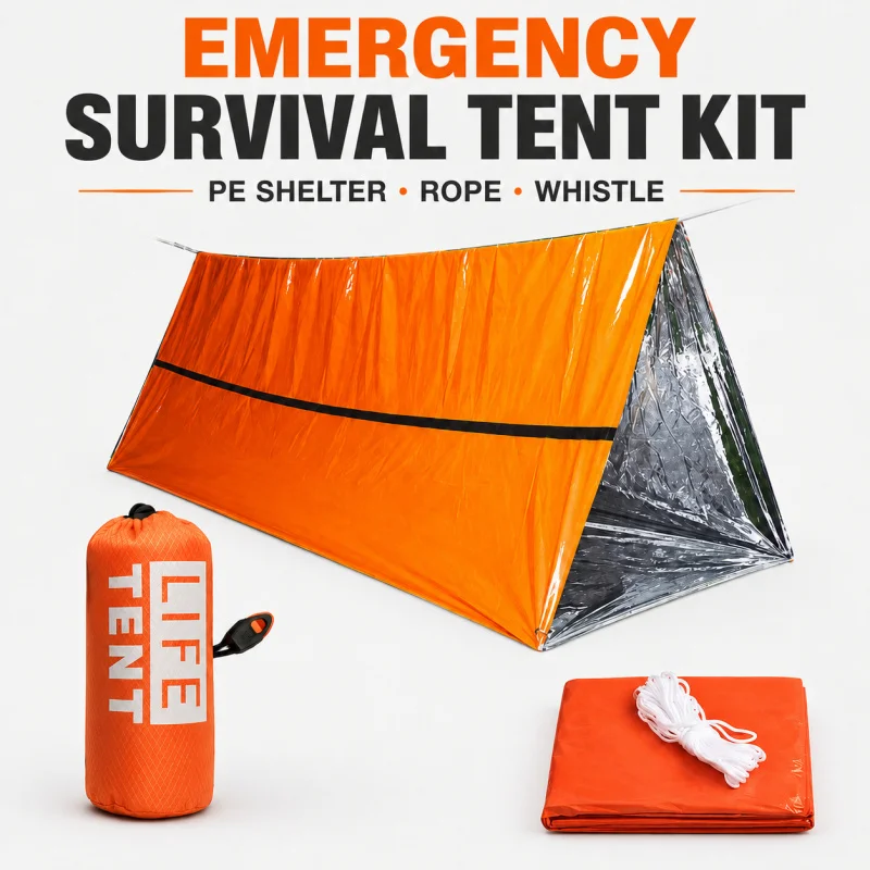 Image of Notfall-Überlebenszelt-Set, 2-Personen-PE-Röhrenzelt mit Premium-Tasche, Seil, Pfeife und Karabiner für Camping, Wandern, Auto