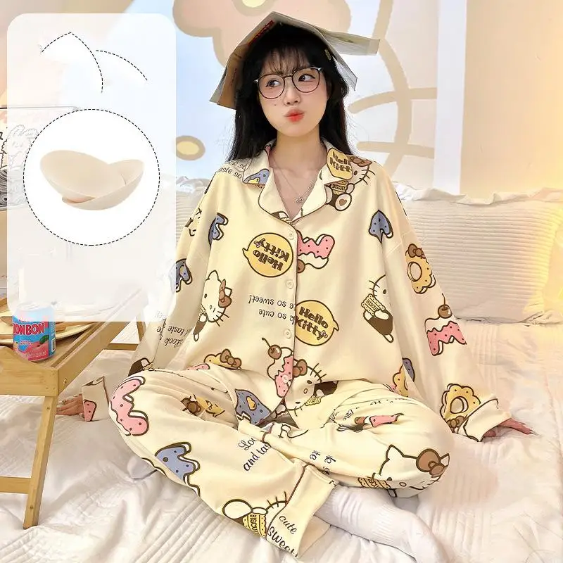 

Горячий пижамный комплект Sanrio Girl с откидным воротником и подушкой на груди, весенне-осенний комплект Kawaii Hello Kitty Comic Go Out, модная одежда для отдыха
