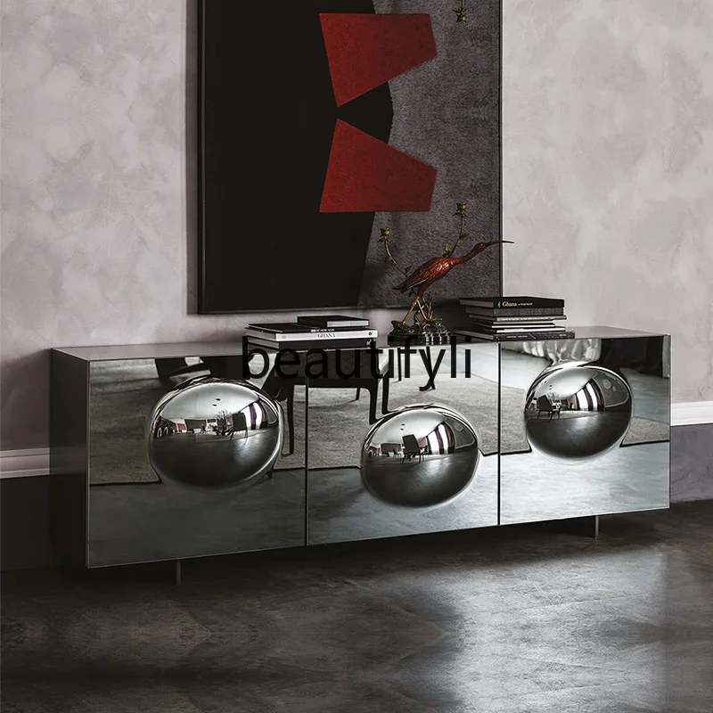 E182 Italian light luxury dining side cabinet, kitchen integrated against the wall floor stainless steel, living room home locke