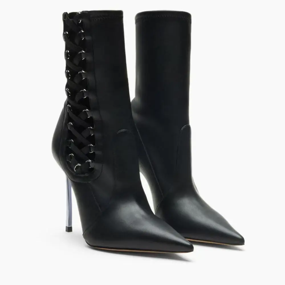 Fashion Black Faux Leather Ankle Boots Pointed Toe Back Crisscross Lace‑Up Design Metallic Thin Stiletto High Heel Short Boots