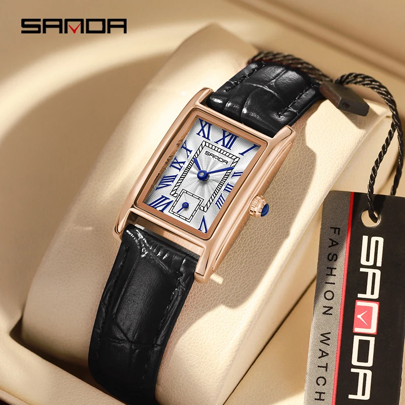 Sanda New Fashion elegantes Design Rechteck Zifferblatt wasserdicht Leder Quarz werk Business Geschenk Frauen analoge Armbanduhr