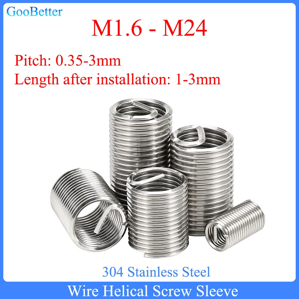 

2-20Pcs M1.6 M2 M2.5 M3 M4 M5 M6 M7 M8 M9-M24 304 Stainless Steel Helicoil Thread Repair Insert Coiled Wire Helical Screw Sleeve