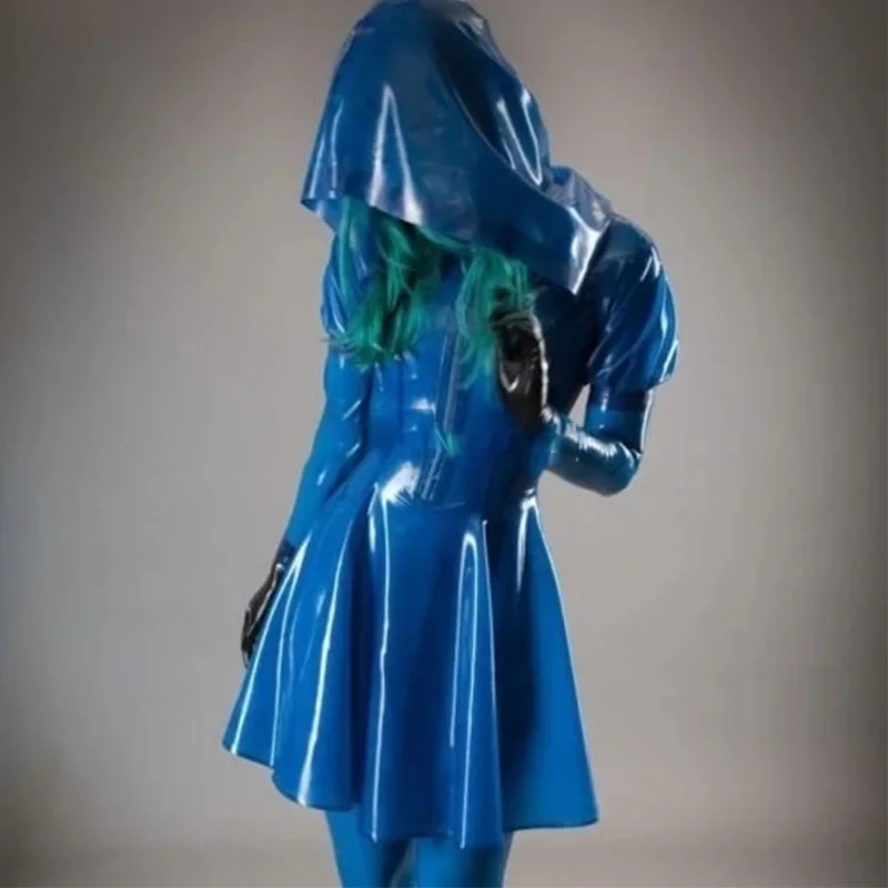 Handmade Women Transparent Blue Latex Dress with Hood Rubber Women Cute Short Skirt with Front Zip Size XS-XXL