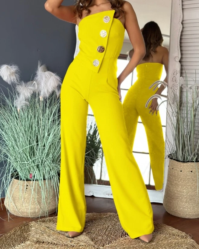 Women's Romper Bodysuit 2025 Spring Summer Latest Asymmetric Bandeau Strapless Jumpsuit Metal Button Decor Casual Overalls