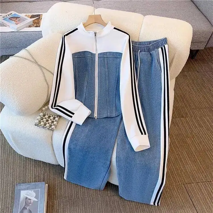 

Women Preppy Style Patchwork Contrast Denim Sets Stand Collar Zipper Jackets Coats Elastic Jeans 2 Piece Suit Streetwear Comfort
