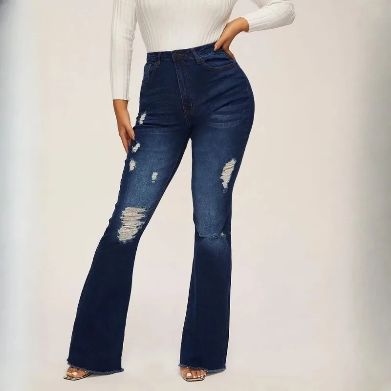 

Autumn Skinny Woman Jeans Flared Pants with High Waist Ripped Jeans for Women Knees Distressed Denim Female Pockets Cargo Pants