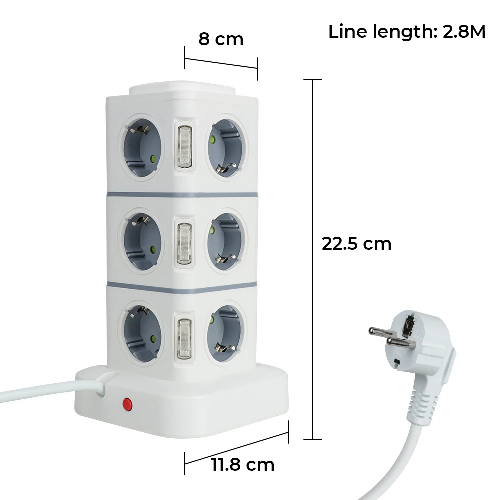 Tower 12 Way Outlets Socket with 4 USB Overload Protector Switch 5V 3.1A 2.8m Extension Cord Multi Power Strip Vertical EU Plug