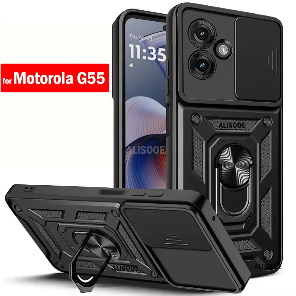 Capa for Motorola Moto G55 Case Armor Slide Camera Lens Protection Back Cover for Motorola G55 5G Ring Stand Shockproof Funda