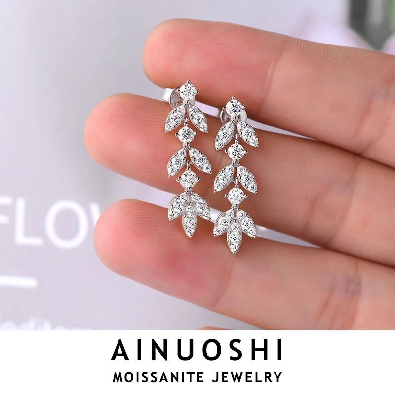 AINUOSHI 925 Sterling Silver Moissanite Earrings Leaf-Shape Drop Dangle Earrings for Women Anti-allergy Silver 925 Jewelry Gift