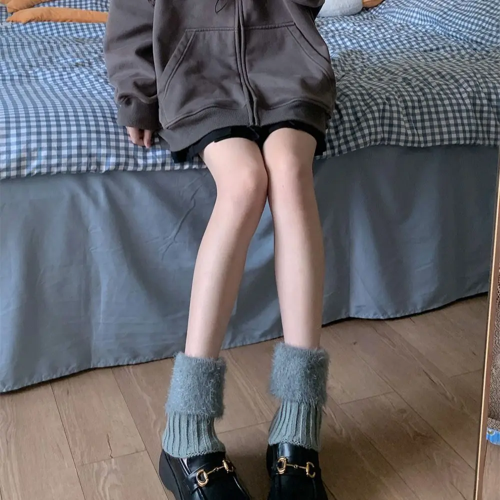 

Winter Warm Leg Warmers For Women Knitted Hairy Warm Foot Cover Female Solid Color Lolita JK Warm Leggings Boot Cuffs Harajuku