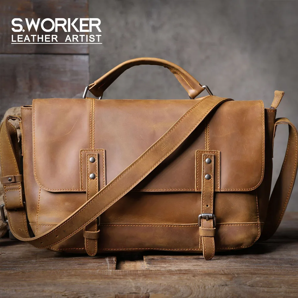 S.WORKER Vintage Herren-Umhängetasche aus Echtleder, Handgefertigte Crossbody-Tasche, Geschenk für Männer, für Handy & Schlüssel – Detail 2