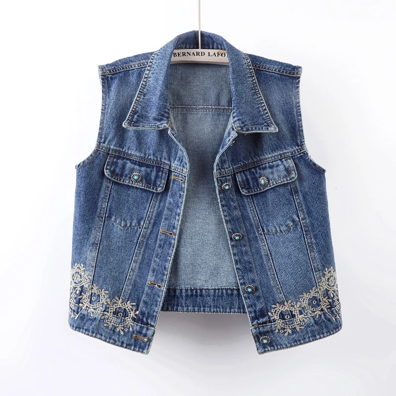 

Heavy Work Vintage Embroidery Flowers Blue Slim Short Cowboy Waistcoat Spring Summer Lapel Single-Breasted Sleeveless Denim Vest