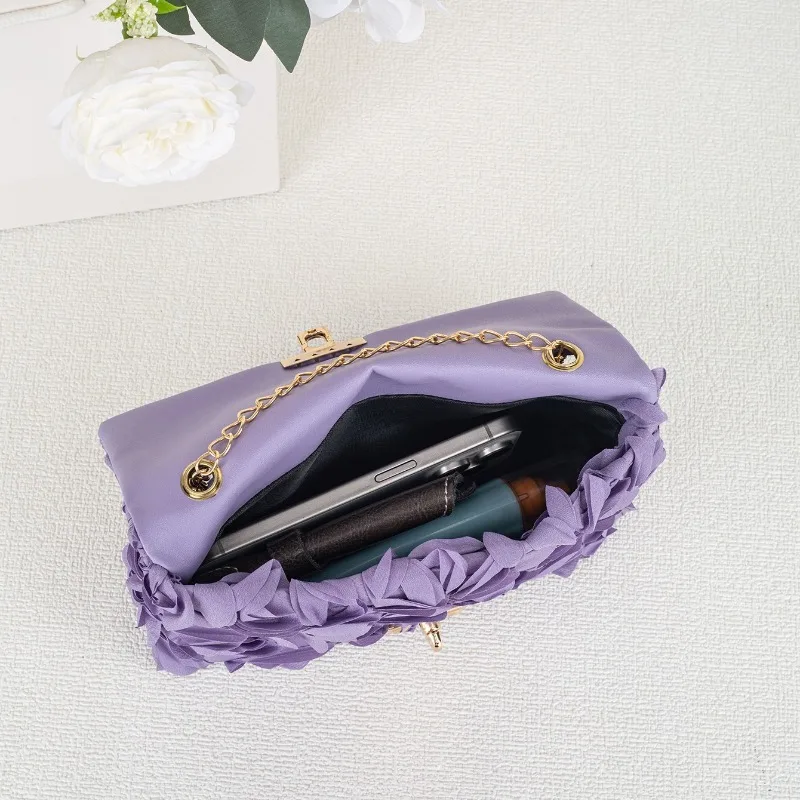 3D Rose Floral Satin Evening Bag with Gold Clasp Detachable Chain Strap Flap Closure Crossbody Purse for Wedding Party Prom view 4