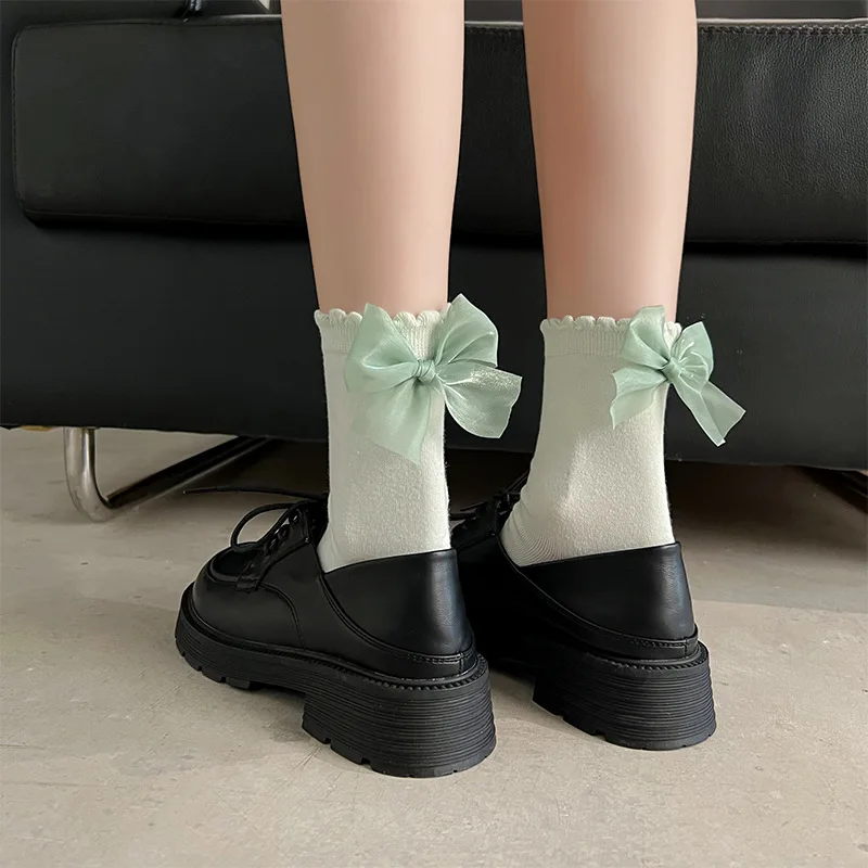 INS Sweet Girly Bowknot Princess Socks Solid Color Spring Summer Women Middle Tube Socks Cute Bows Decorate Tube Socks Free Ship