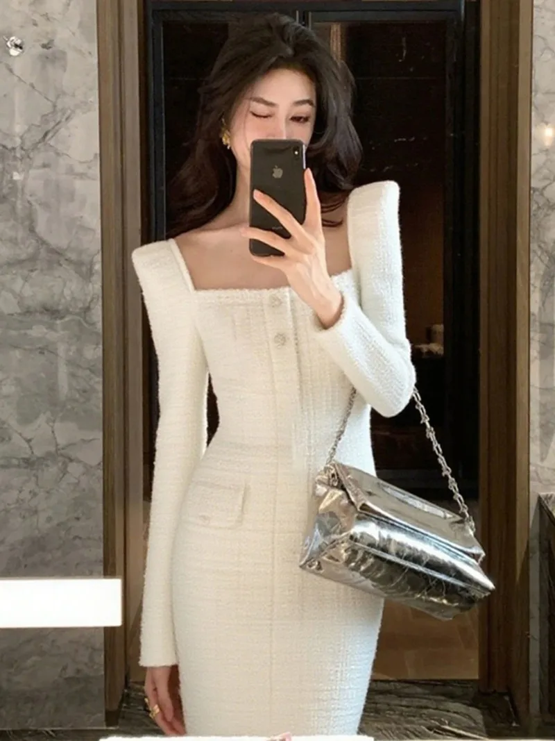Women Tweed High End Autumn Fashion Elegant Slim Waist Long Sleeve Party VestidosNew Luxury Sexy Square Collar Dress