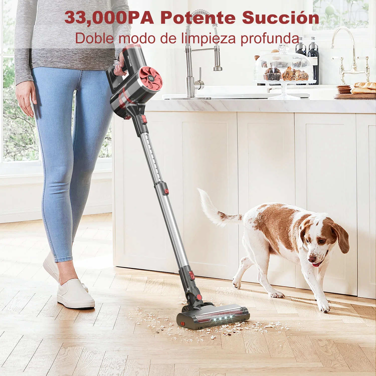 PrettyCare P4 Cordless Vacuum Cleaner, Self-Standing, 33Kpa Powerful Suction Stick Vacuum with Smart LED Display for Hardwood Fl